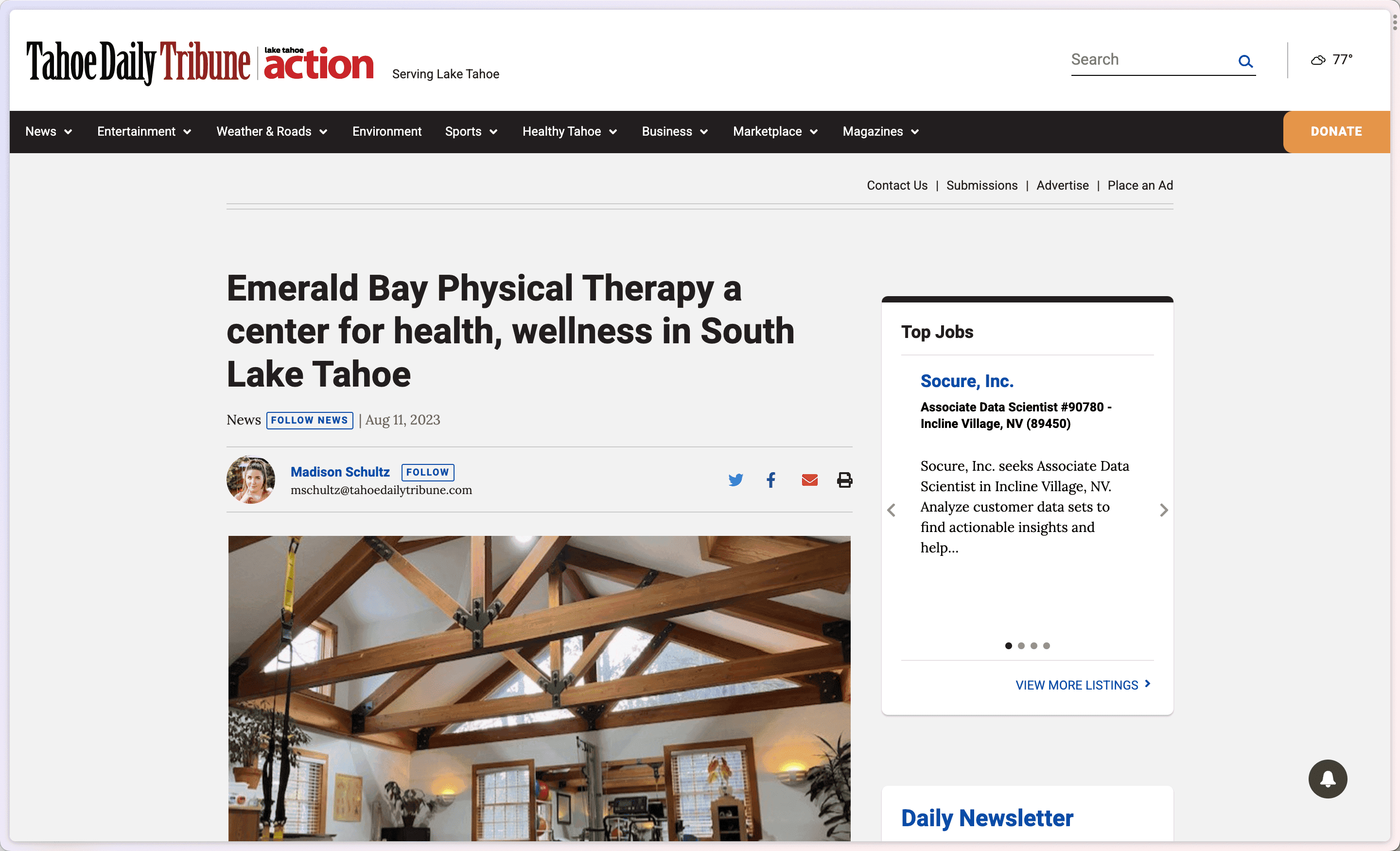 emerald bay physical therapy featured on the tahoe daily tribune